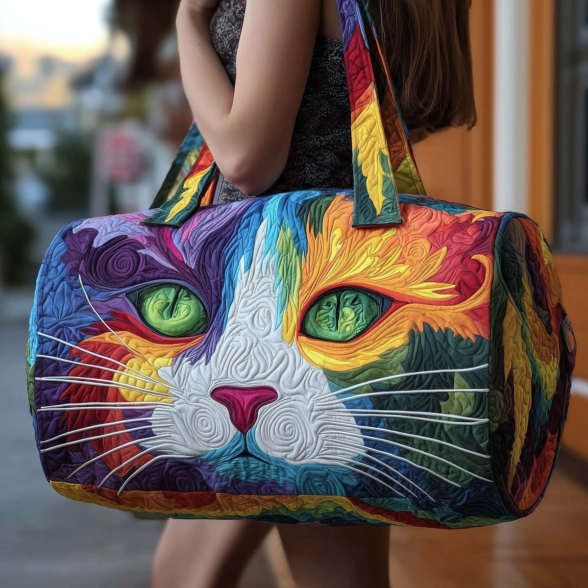 Plush Unisex Travel Tote - Quilted, Cat-Embroidered Fabric, For Beach, Hiking, Camping