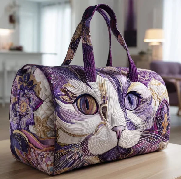 Plush Unisex Travel Tote - Quilted, Cat-Embroidered Fabric, For Beach, Hiking, Camping