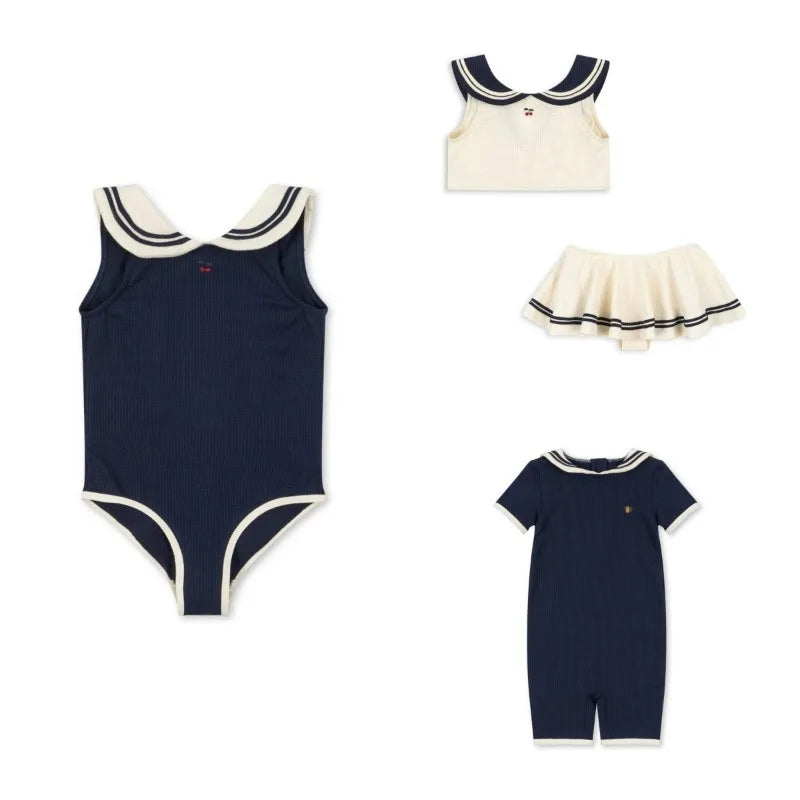 Plush Unisex Baby Swimwear Kit - Timeless Sailor-Style One-Piece, Top, Skirt, and Romper, Nylon, Summer Beach Days