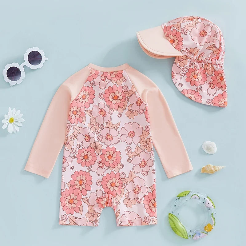 Light Sturdy Toddler Girl Rash Guard Swimsuit - Long Sleeve Floral Flamingo Print, Polyester Elastane, Beachwear