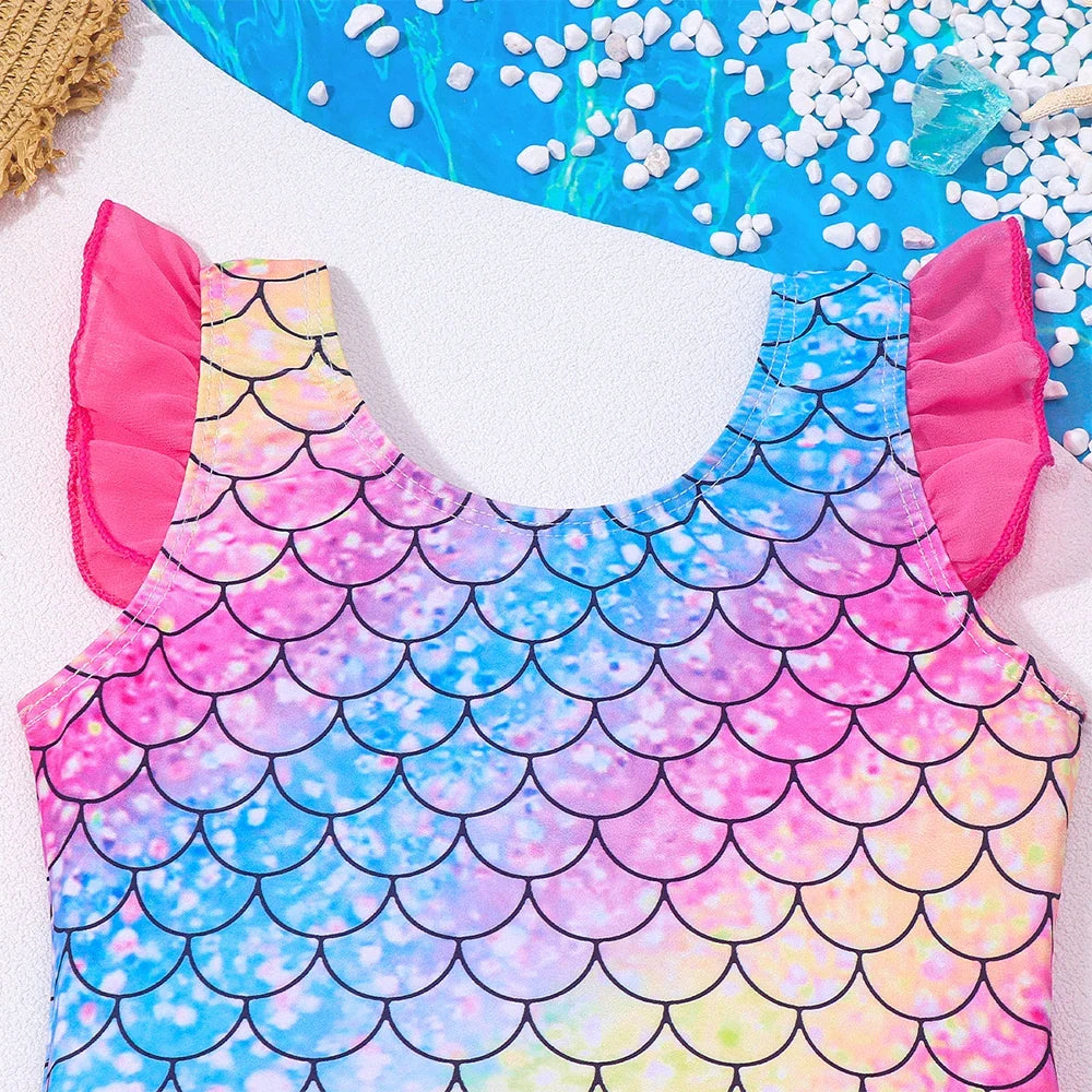 Mermaid-Scale Print, Ruffle Sleeves, Tulle, Polyester Elastane, Beach – Fast-Dry Sturdy Girls' One-Piece Swimsuit