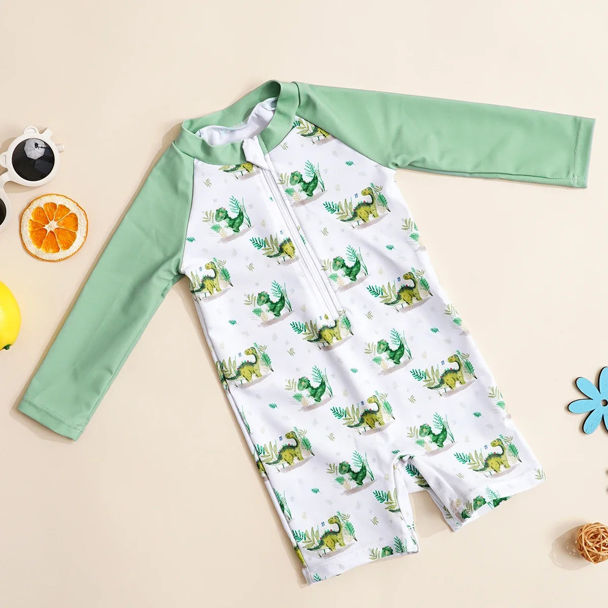 Plush Unisex Baby One-Piece Swimsuit - Zip-Front, Long-Sleeve, Print Pattern, Polyester, Summer Beachwear