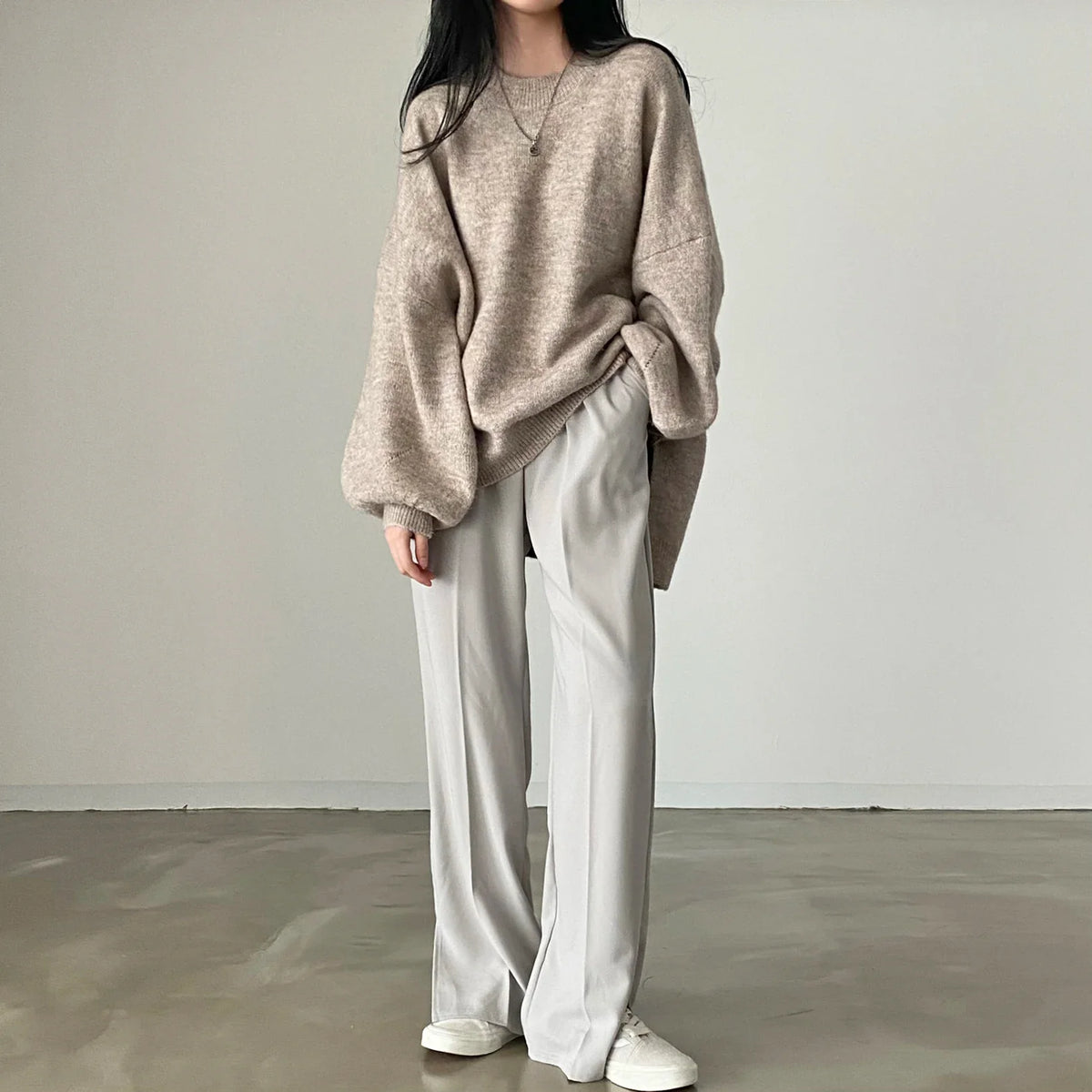 Cozy Oversized Women's Pullover - O Neck, Knit, Office Wear