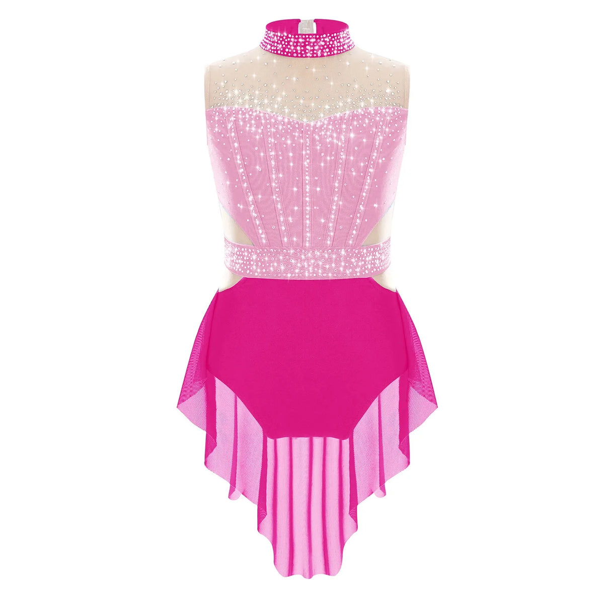girls' Stretchy leotard - rhinestone mesh yoke, sleeveless, polyester, nylon, elastane, for lyrical dance performance