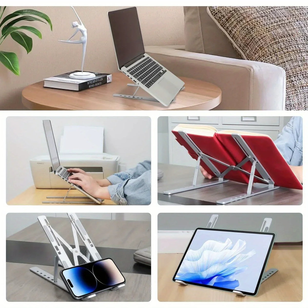 Travel-Friendly Flexible Aluminum Laptop Stand with Accessories - 6-Level Height, Anti-Slip Design, Enhanced Ventilation for 8-16" Laptops