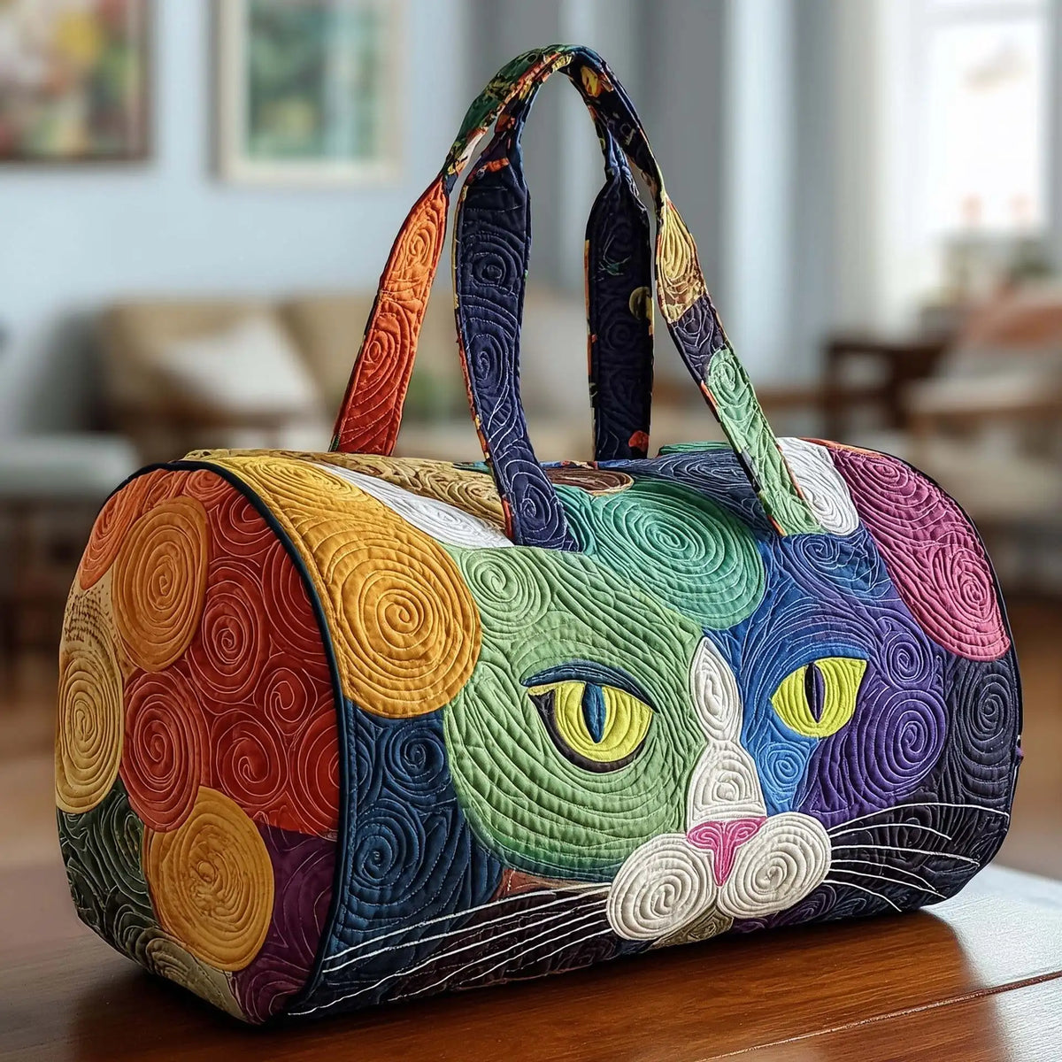 Plush Unisex Travel Tote - Quilted, Cat-Embroidered Fabric, For Beach, Hiking, Camping