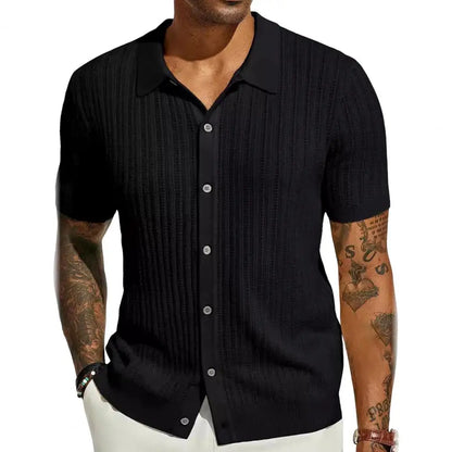 Size Plus Summer Men Knitted Cardigan Shirt, Breathable Short Sleeves Beach Top