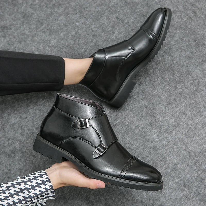 Mens Supportive Ankle Boots - Double Monk Cap-Toe, Leather