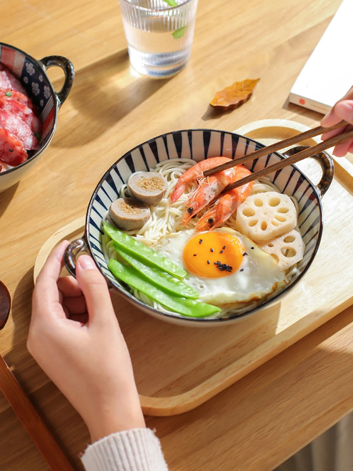7.5 Ceramic Inch Noodle Bowl With Handles Floral Porcelain