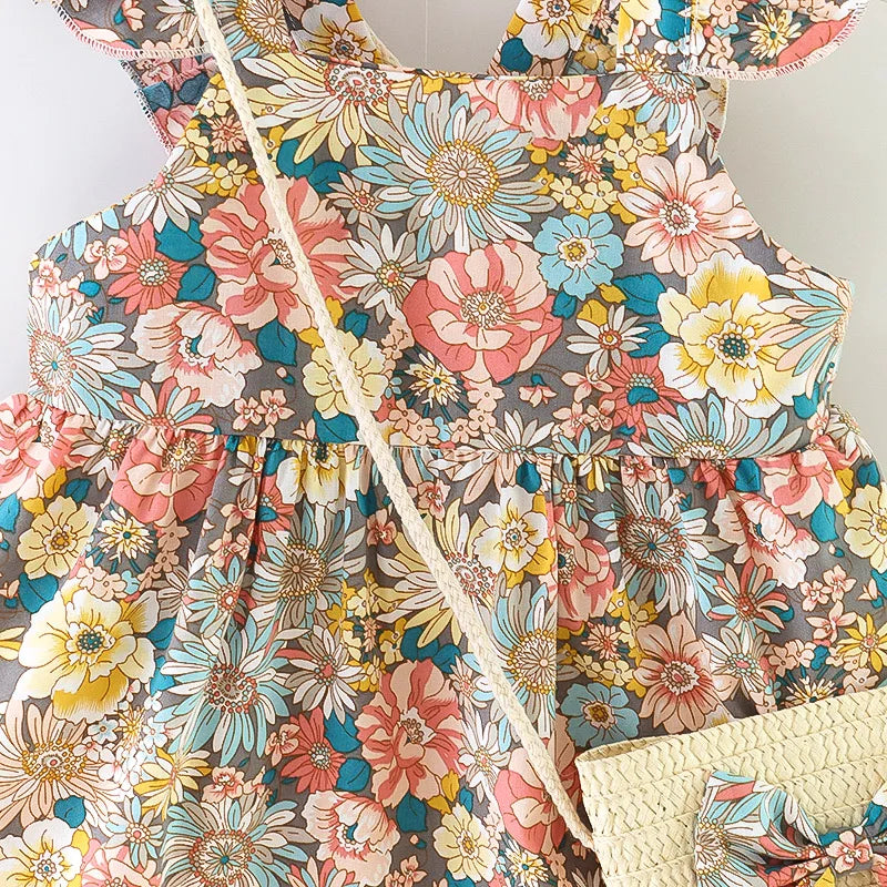 Plush Baby Girl Dress - Timeless Floral Flutter Sleeves, Polyester, With Crossbody Bag, For Ages 0-3