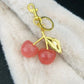 Cherry Red Keychain Bag Charm With Gold Leaf Lobster Clasp