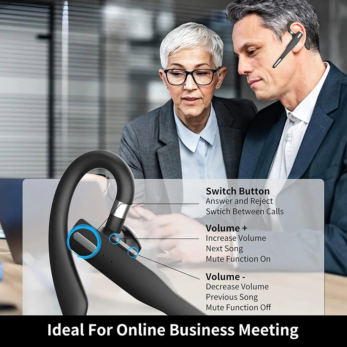 Cordless Headset Bluetooth 5.1 Noise Reduction Ear-mounted Business Headphones