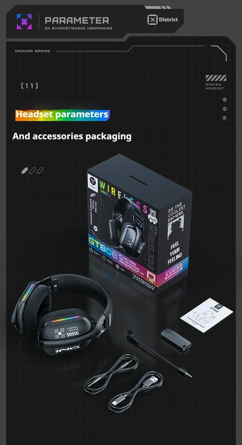 Cordless Gaming Headset Tri Mode Bluetooth Wired Immersive