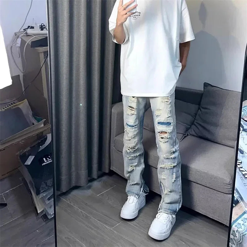 Relaxed Oversized Mens Jeans - Ripped Straight Leg Denim