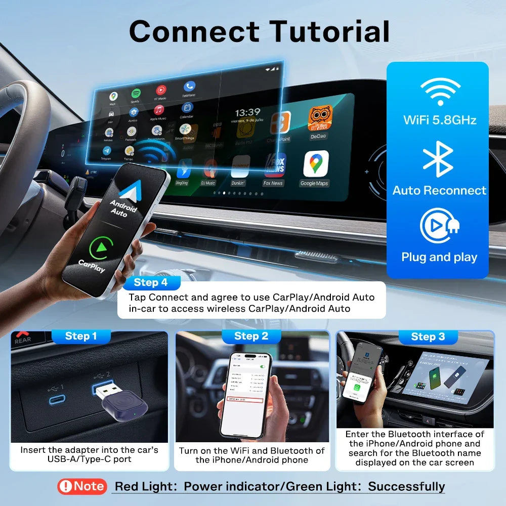 Cordless CarPlay Android Auto Adapter Mini 2-In-1 Plug And Play 5.8GHz WiFi Auto Connect OTA Upgrade Fall 2025 Gift