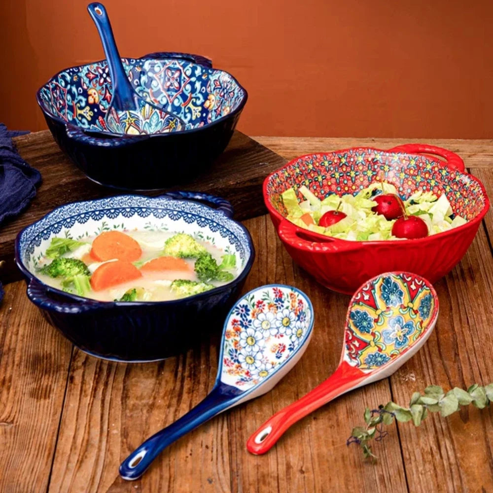 Soup Ceramic Bowl Bohemian Handle Embossed Microwave