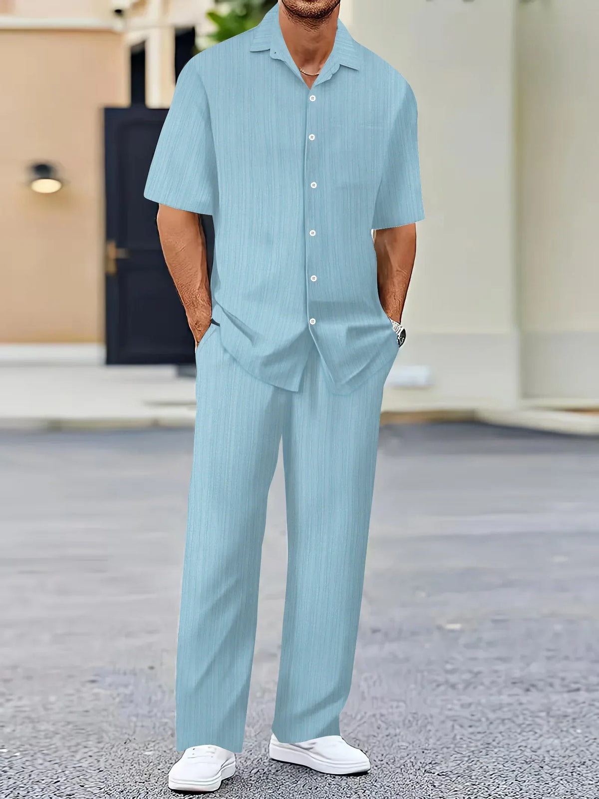 Lightweight Linen Shirt and Pants Set, Vertical Striped Design, Relaxed Fit for Casual and Semi-Formal Wear-5