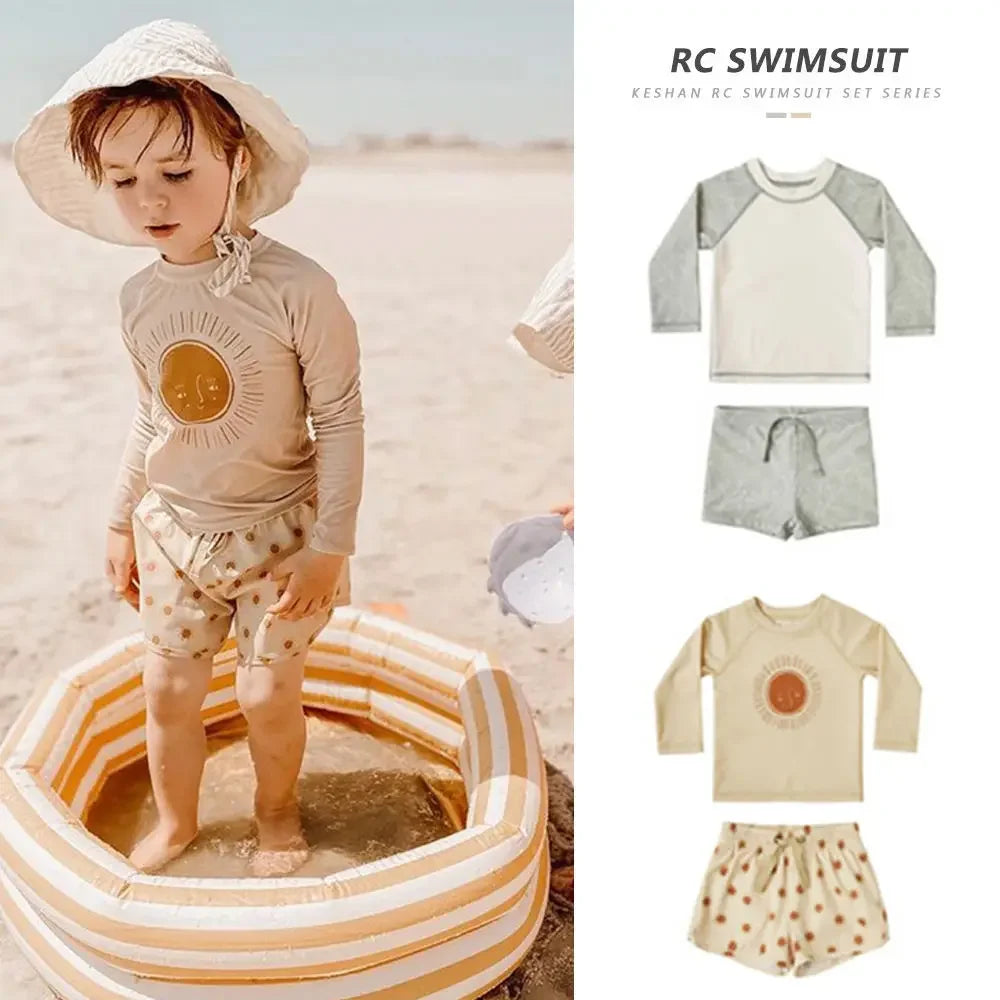 Fast-dry baby boys' swimwear set - long-sleeve top and shorts, polyester, for swimming