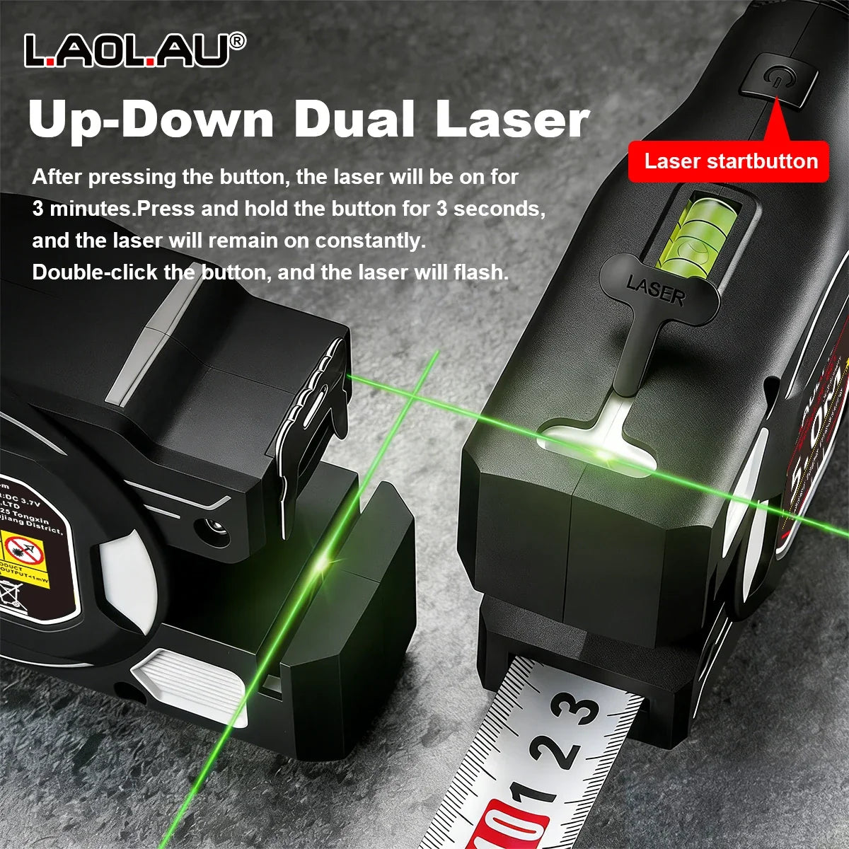 Type-C Battery-Powered Class II Laser Auto-Lock Device 2026 – LAOLAU 2-in-1 Laser Tape Measure 5M/16FT