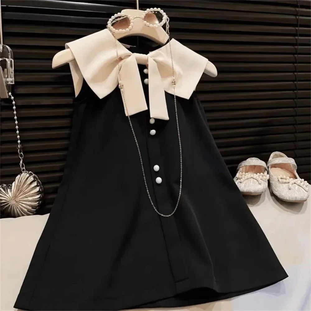 Plush and flattering girls' knee-length dress - sleeveless, bow-collar, polyester, birthday party