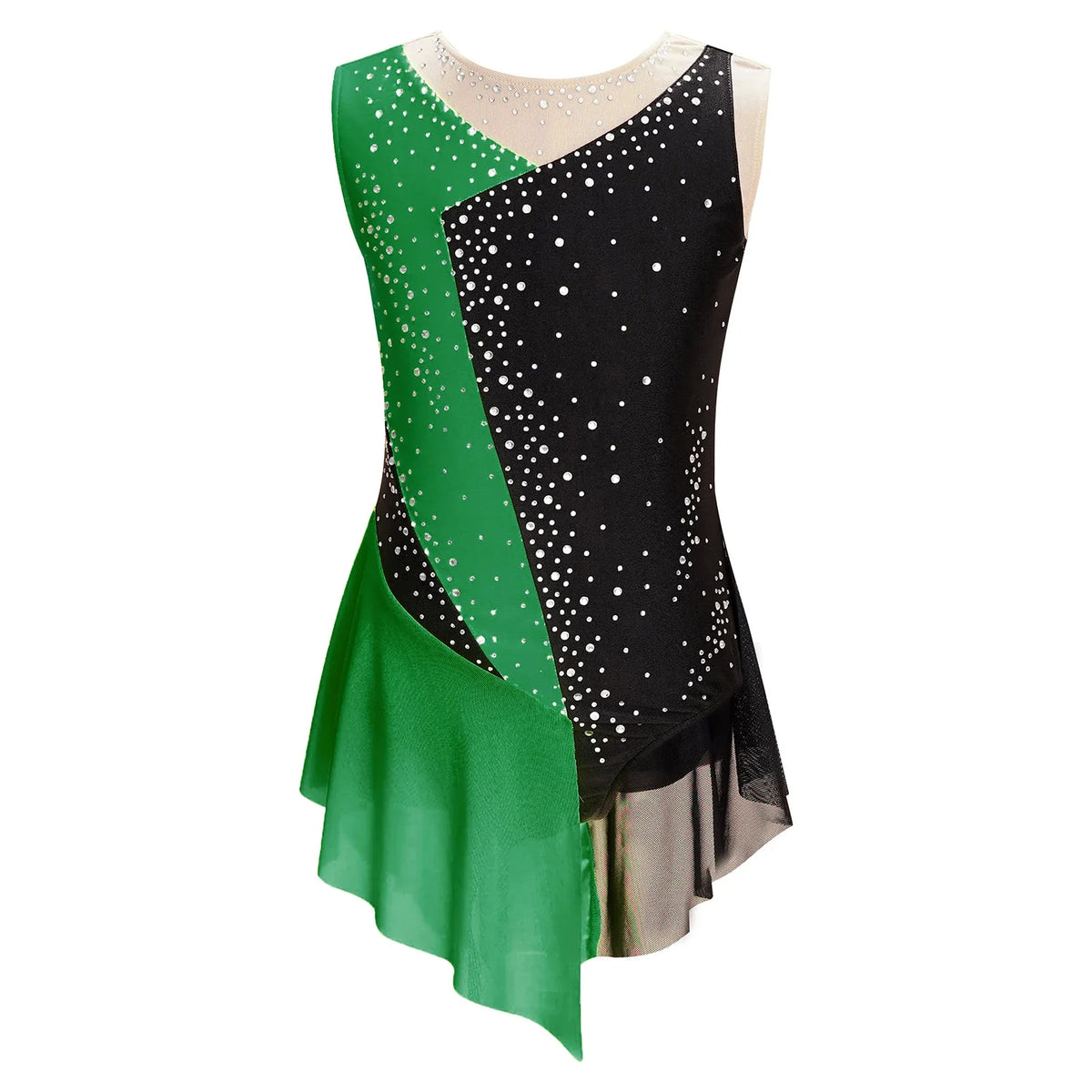 girls' Stretchy leotard - rhinestone mesh yoke, sleeveless, polyester, nylon, elastane, for lyrical dance performance