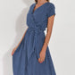 Dress Midi V-neck Short Sleeve Floral Print High Waist Summer Beach Dress Female