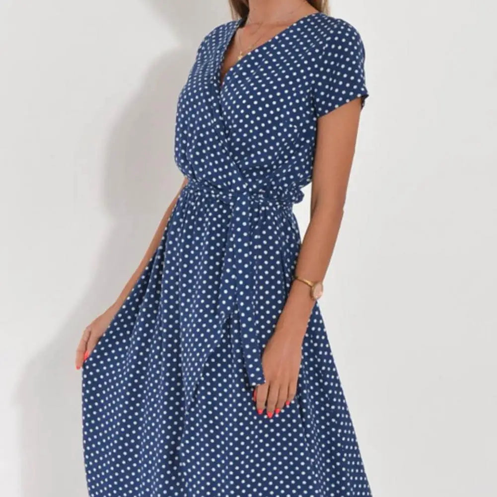 Dress Midi V-neck Short Sleeve Floral Print High Waist Summer Beach Dress Female