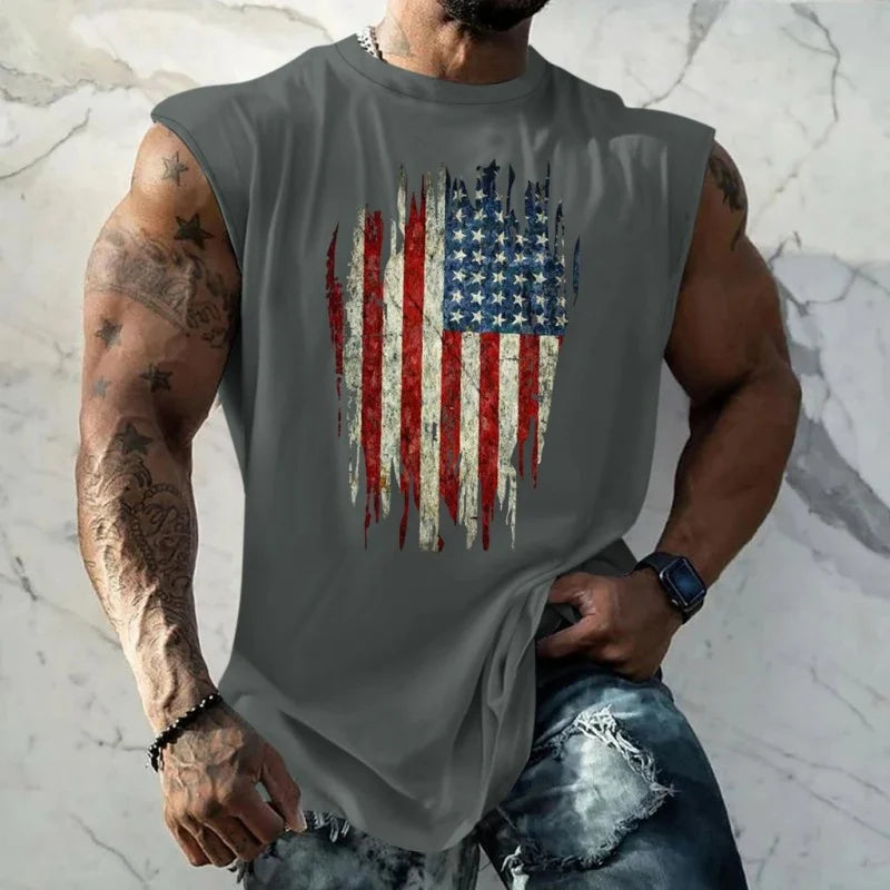 Men's Breathable Tank Top - Round-Neck, Sleeveless, 3D-Printed American Flag Heart Graphic, Casual Summer Wear