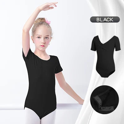 Plush girls' ballet leotard - short sleeve v-neck ruched, cotton knit, for dance practice and classic classes