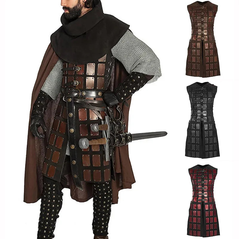 Medieval Leather Brigandine Tunic Coat for Cosplay and LARP, Adjustable Size 80-105cm, Brown-1