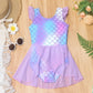 Mermaid-Scale Print, Ruffle Sleeves, Tulle, Polyester Elastane, Beach – Fast-Dry Sturdy Girls' One-Piece Swimsuit
