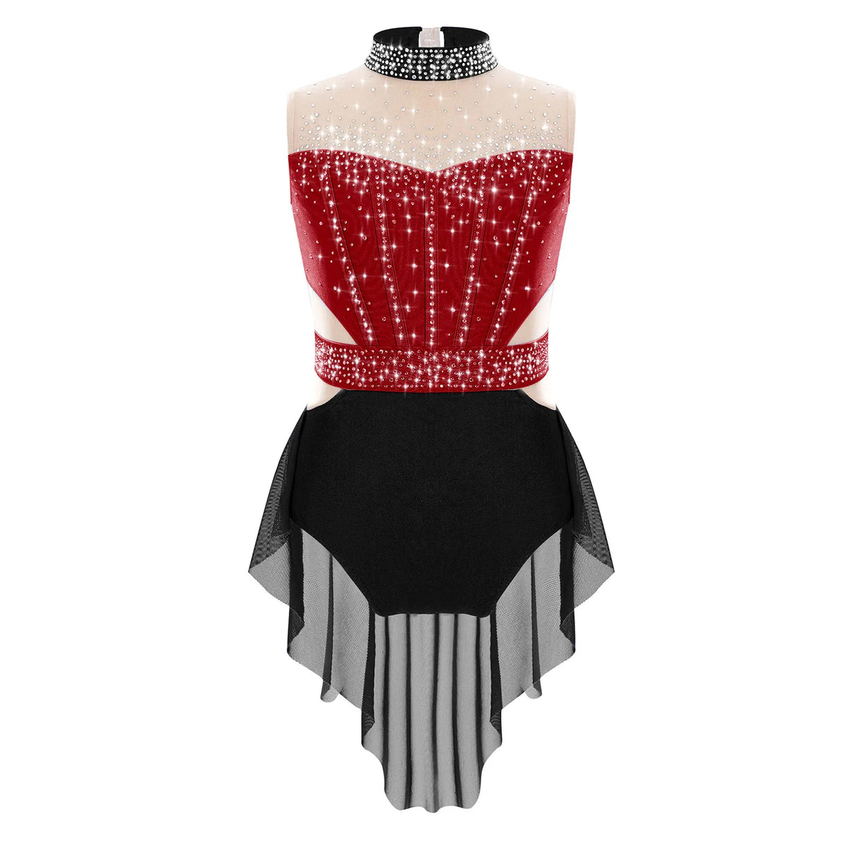 girls' Stretchy leotard - rhinestone mesh yoke, sleeveless, polyester, nylon, elastane, for lyrical dance performance