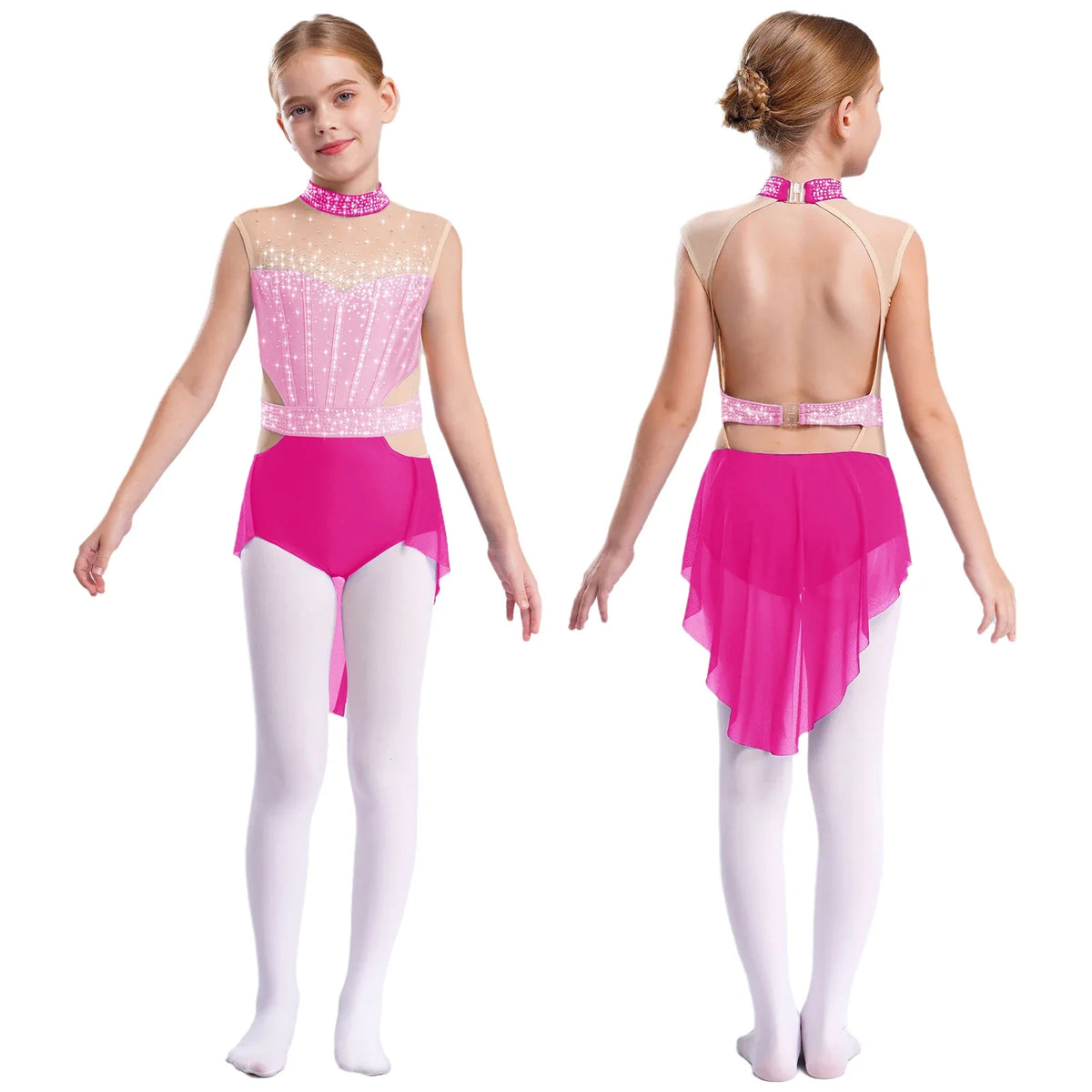 girls' Stretchy leotard - rhinestone mesh yoke, sleeveless, polyester, nylon, elastane, for lyrical dance performance