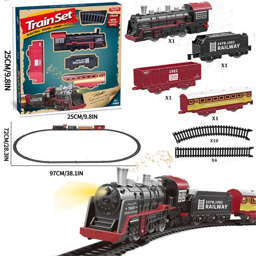 Retro Steam Motor-Driven Train Kit with Lights - Christmas Railway Toy for Kids, Great Holiday Gift