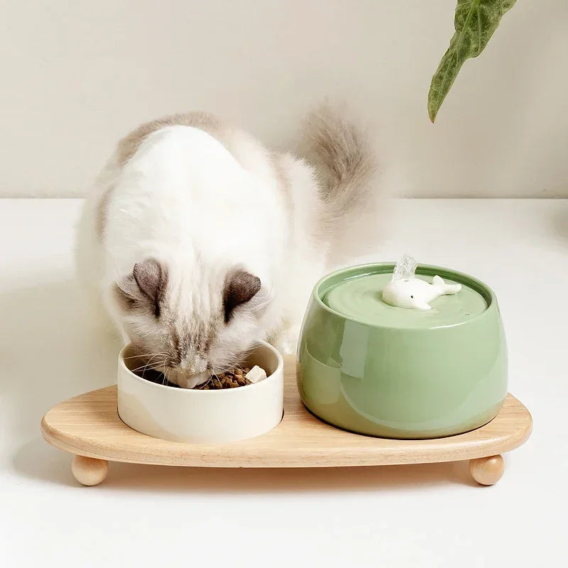 Water Cat Fountain 1300ml Ceramic USB Charging Pet Fountain With Filter And Wooden Stand Fall 2025 Continuous Hydration