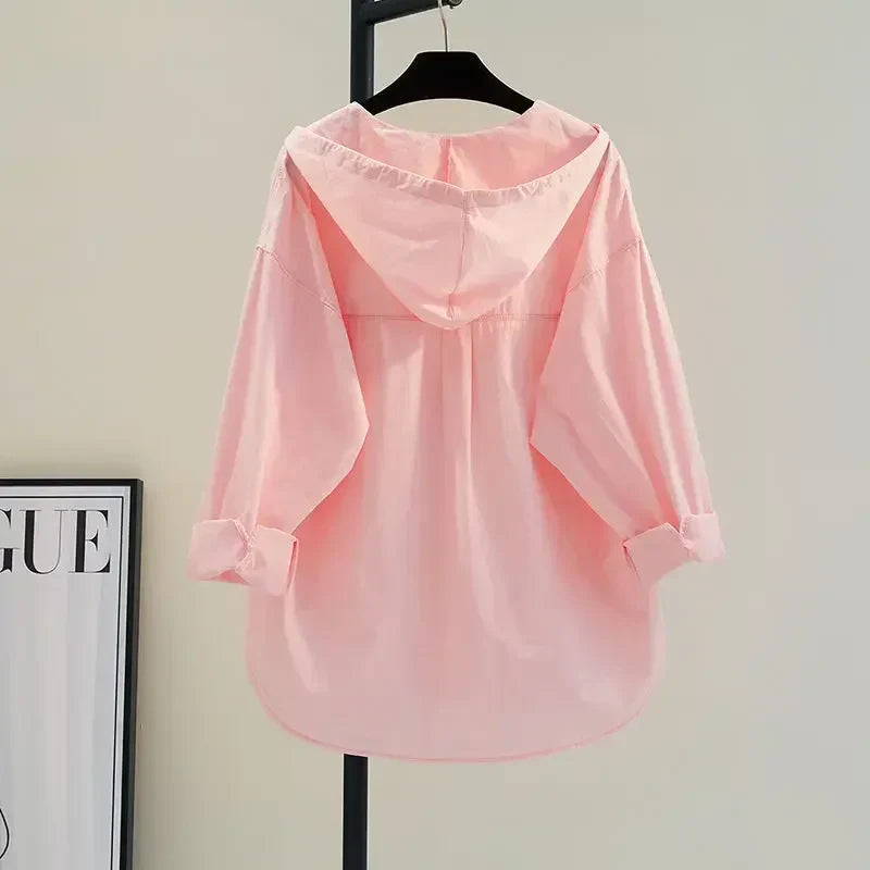 White Women's Blouse in Soft Cotton with Hood, Casual Relaxed Fit for Everyday Comfort and Style-6
