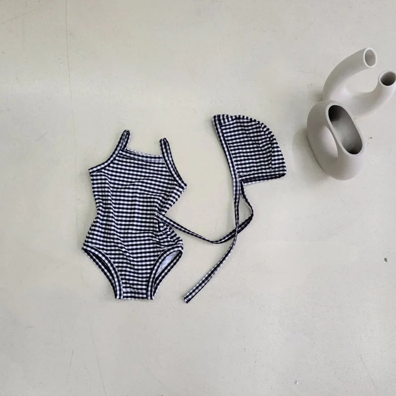 Light baby girls' one-piece swimsuit - polka-dot suspender style with hat, nylon, cozy for summer beach wear