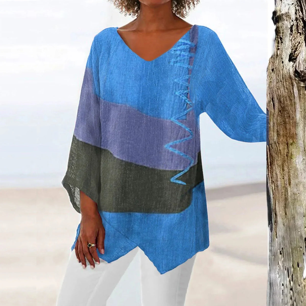 Shirt T Women New Fashion Casual V-Neck Long Sleeve Patchwork Top