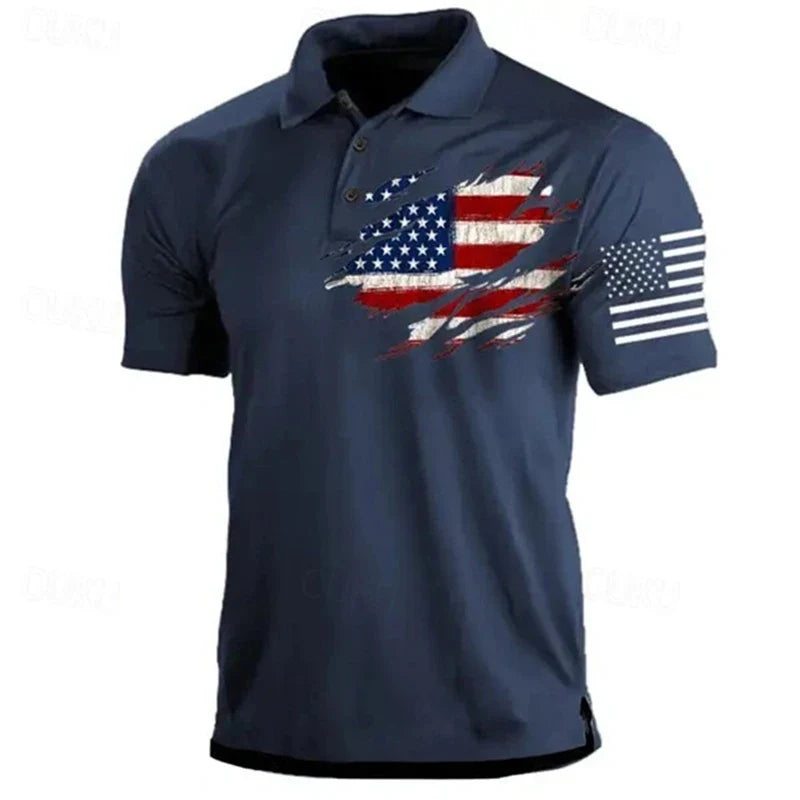 Light men's polo shirt - classic polo, 3D American flag print, casual everyday wear