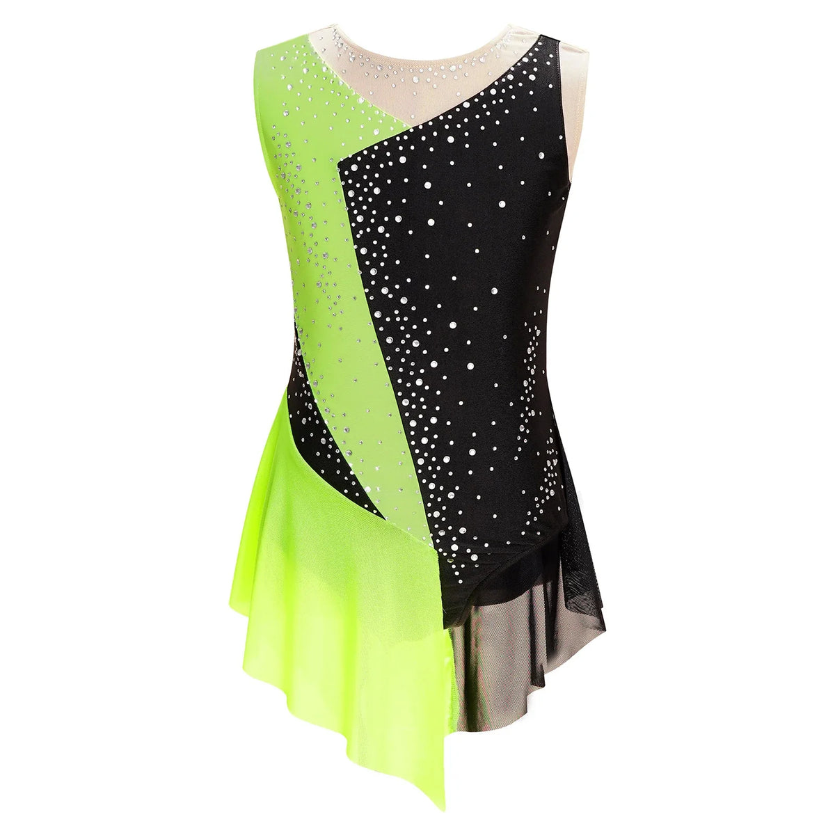 girls' Stretchy leotard - rhinestone mesh yoke, sleeveless, polyester, nylon, elastane, for lyrical dance performance