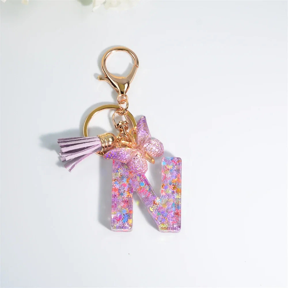 Letter Sequin Keychain With Butterfly Tassel Charm