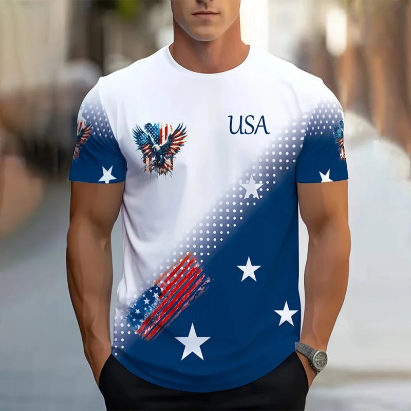 Plush men's tee - relaxed fit, 3D print patriotic eagle and flag graphic, casual wear