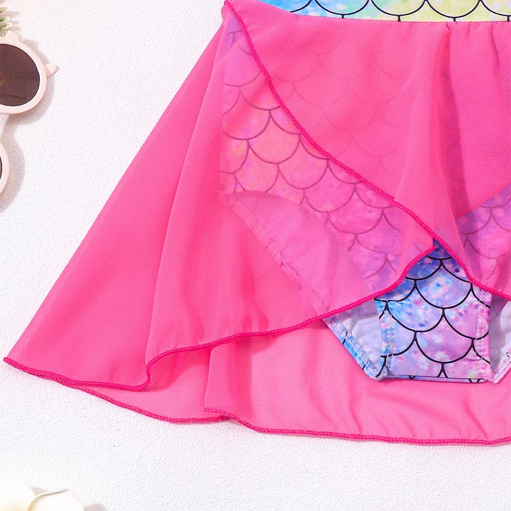 Mermaid-Scale Print, Ruffle Sleeves, Tulle, Polyester Elastane, Beach – Fast-Dry Sturdy Girls' One-Piece Swimsuit