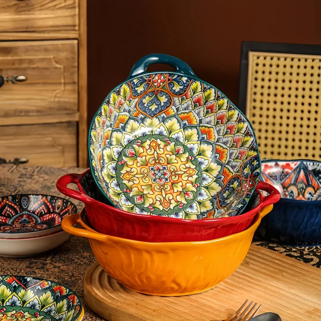 Soup Ceramic Bowl Bohemian Handle Embossed Microwave