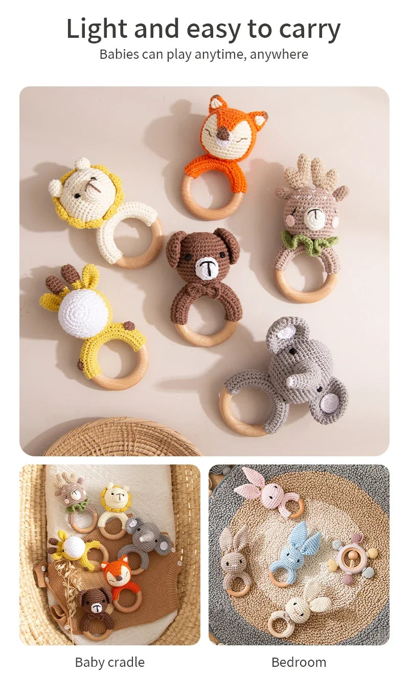 Crochet Wooden Animal Teether Rattle Newborn Sensory Toys
