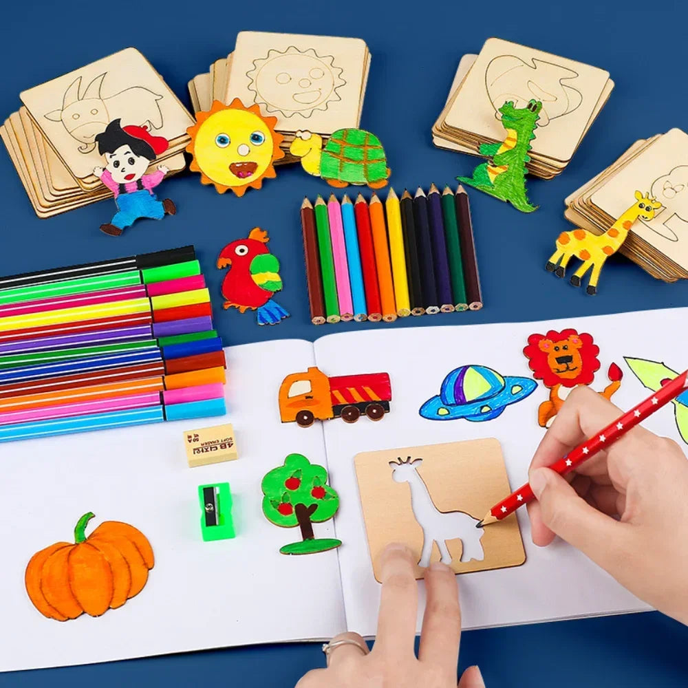Wooden DIY Art Stencil Kit for Kids - Creative Painting & Drawing Tools, Educational Craft Supplies