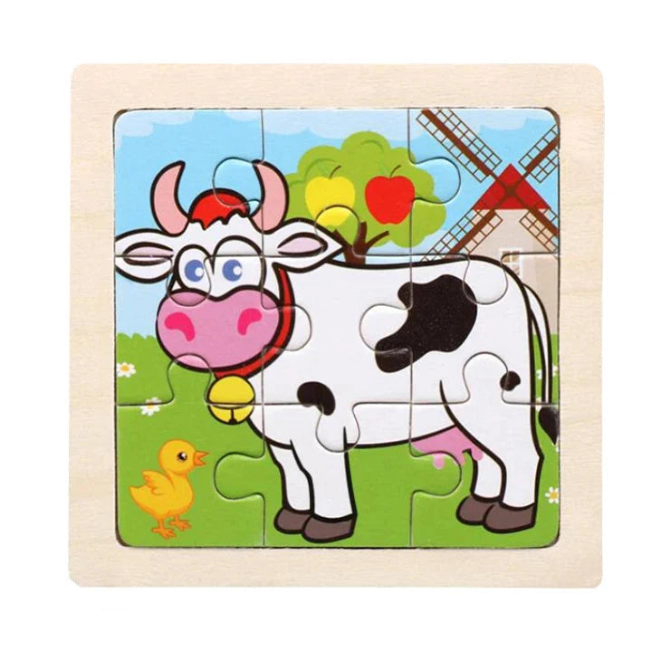 Wooden Kids Jigsaw Puzzle - Montessori Cartoon Animal Vehicle Educational Toy for Children
