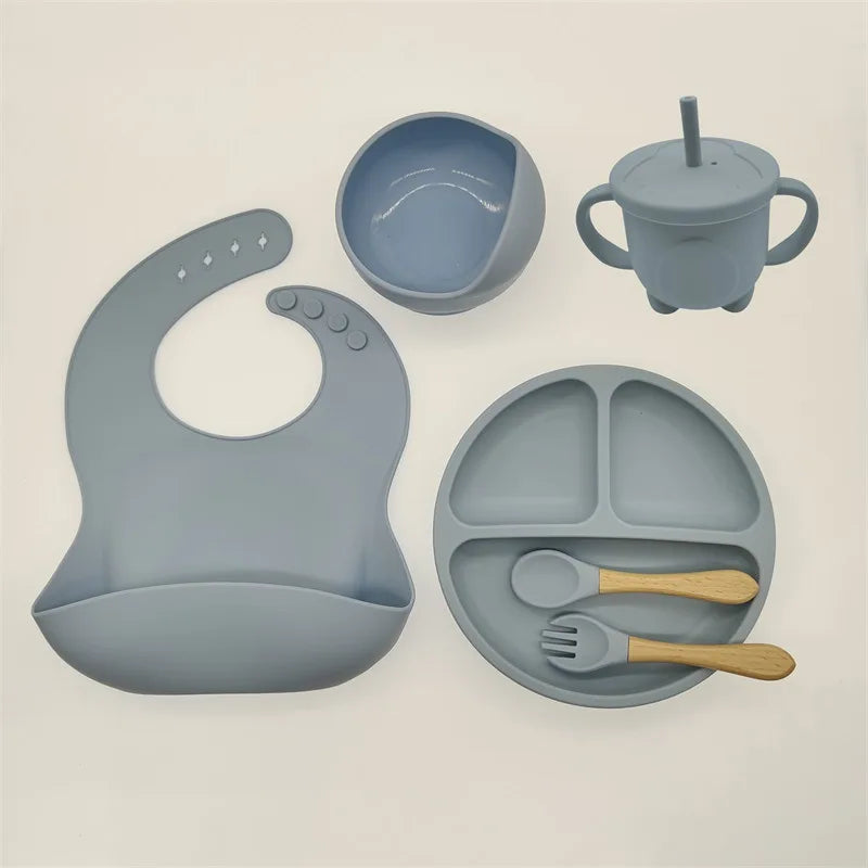Baby Silicone Tableware Kit 8 Piece Suction Bowls Divided Plate Bib Spoon Fork Fall 2025 Self Feeding Aid