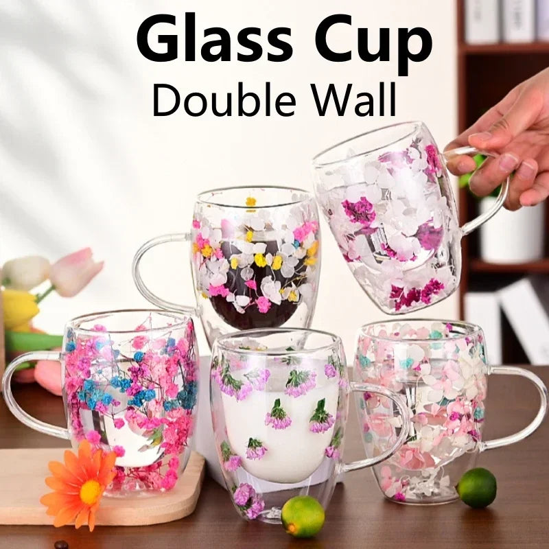 Wall Double Glass Cup with Handle Dried Flower Decorated Ins Style Mug 300ML