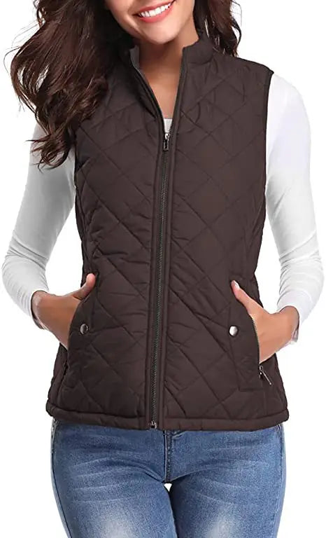 Light Women Quilted Vest - Stand Collar Cotton Winter